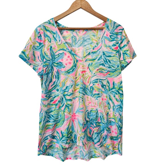 Lilly Pulitzer Etta V-Neck Top Large One In A Melon Print Short Sleeve NWOT - Picture 1 of 7